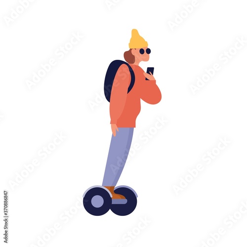 Modern girl riding electric gyroscoote. Trendy young woman driving eco friendly personal self balancing transport vehicle. Flat vector cartoon illustration isolated on white background