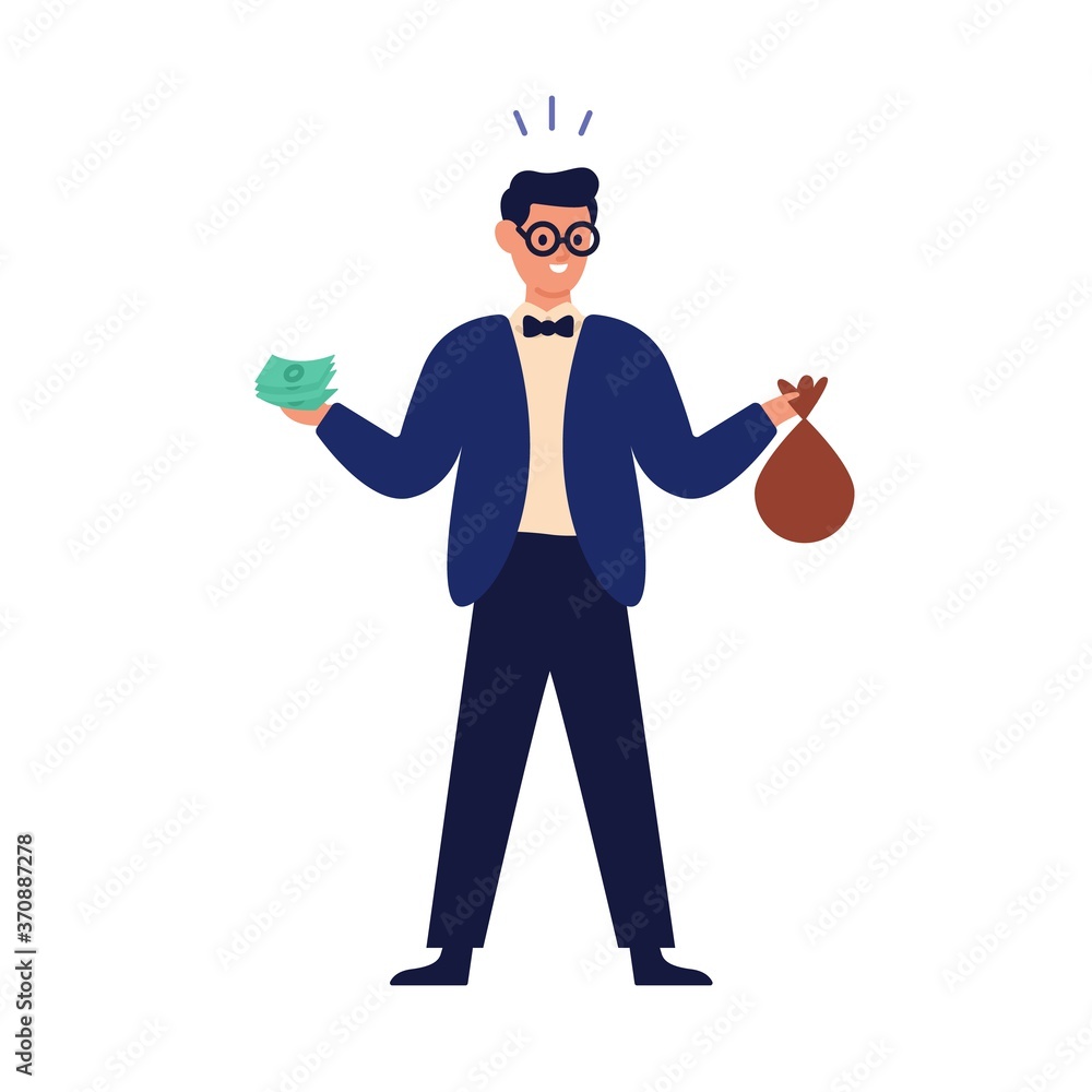Wealthy happy man holding banknote, money bag and financial accumulation, income profit. Save cash, savings concept. Successful investment. Flat vector cartoon illustration isolated on white
