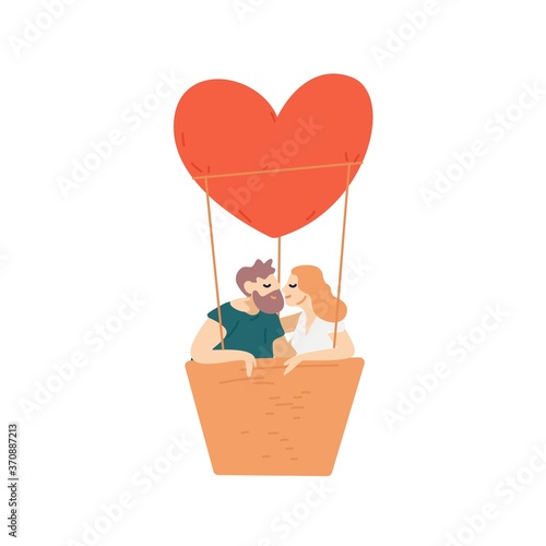 People, couple flying, heart-shaped hot air balloon. Man and woman cuddling, kiss, hug. Romantic date, relationship concept. Scene of love idyl. Flat vector cartoon illustration isolated on white