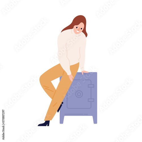 Happy woman sitting on strongbox, vault, cash box. Wealthy girl hiding savings in metal locked safe. Money or finance safety. Flat vector cartoon illustration isolated on white background