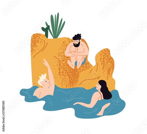 Group of people, friend, diving, swimming in sea, spend time together. Young ...