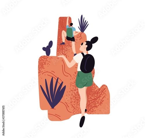 Climbing people, trekking, hiking couple in canyon. Young friends spend time in cliff mountains. Summer vacation, active sport tourist. Flat vector cartoon illustration isolated on white background