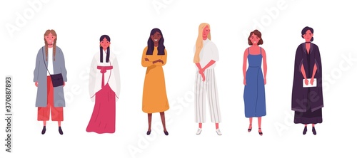 Collection of diverse multicultural woman in trendy clothes  dress. Fashion multiracial girls in different casual outfit. Flat vector cartoon illustration isolated on white background