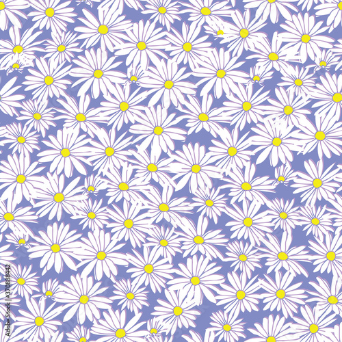 Abstract flowers hand drawn chamomile blossom sketch drawing seamless pattern on purple background design