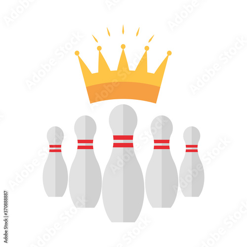 bowling skittles with stripes and crown prize game recreational sport flat icon design