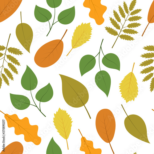 Autumn leaves. Seamless pattern. Flat vector illustration isolated on dark white background.