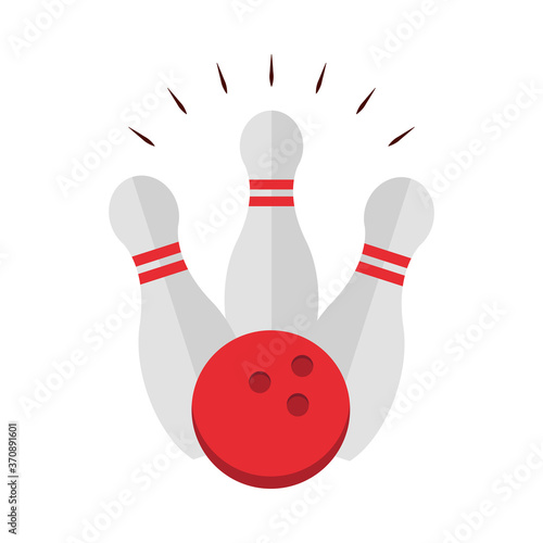 bowling game ball touching white skittles on a white background flat icon design