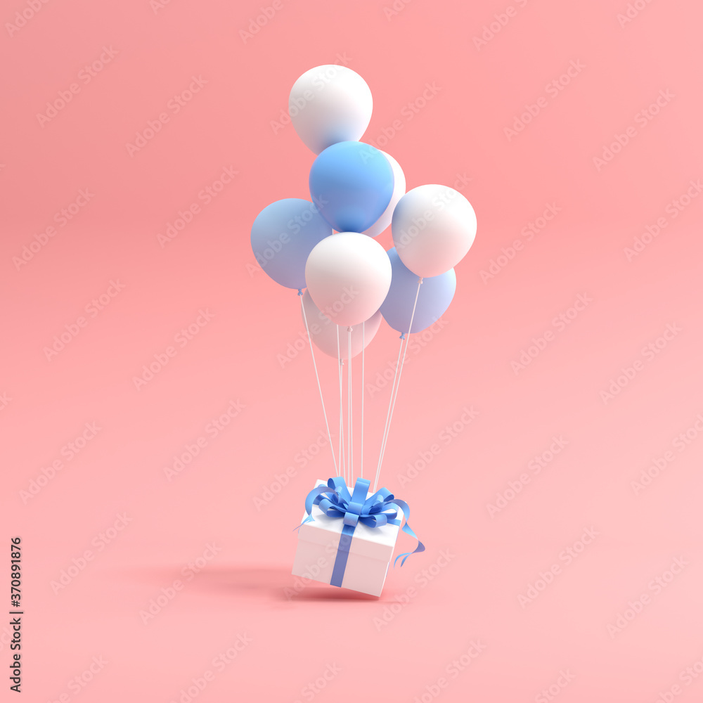3D rendering of gift box and balloons on pink background.
