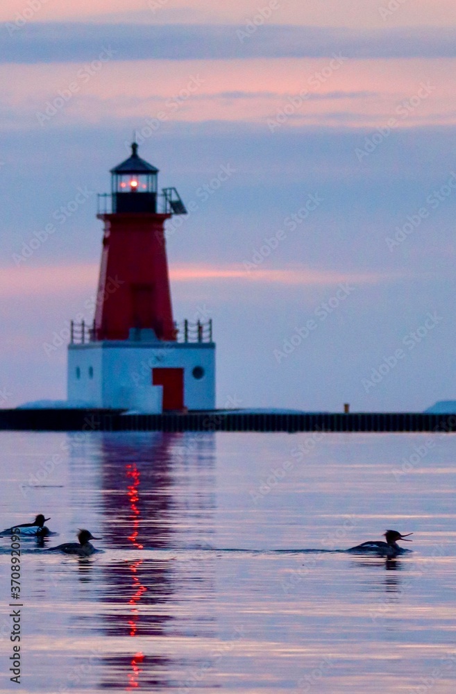 lighthouse, ducks, pink sky, pink reflections