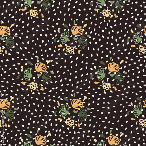 Dark botanic seamless pattern with outline flower silhouettes. Brown dotted background with orange and green flower elements.