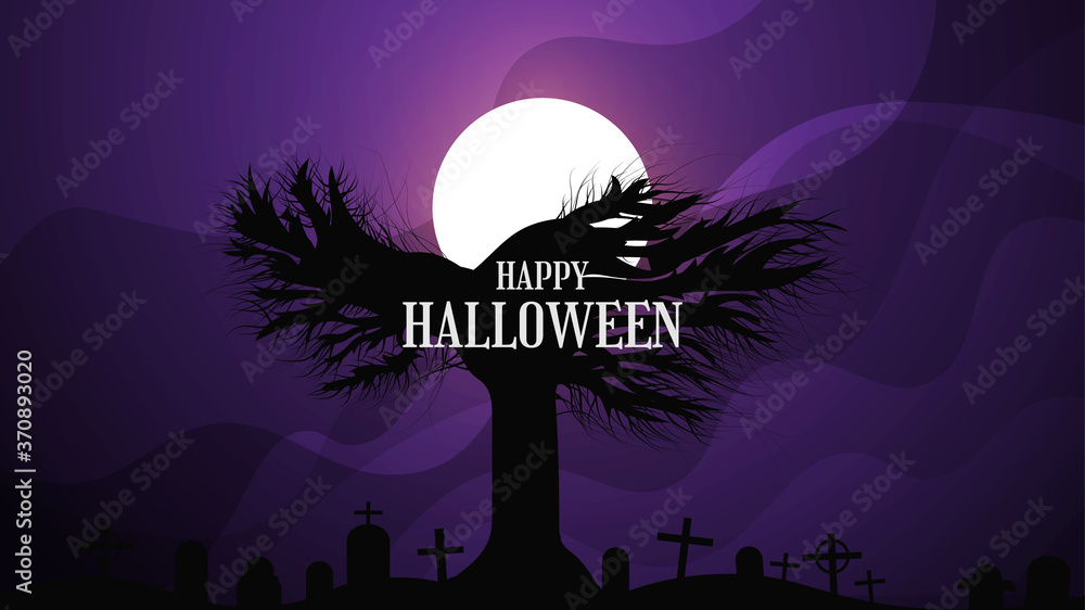 Creepy Halloween background with spooky tree silhouettes and tombstones under moonlight