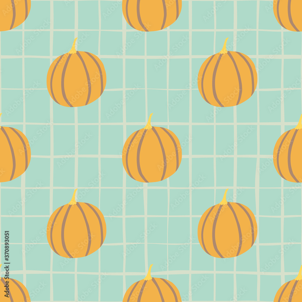 Pumpkin simple seamless pattern. Orange abstract vegetable silhouettes on blue background with check.