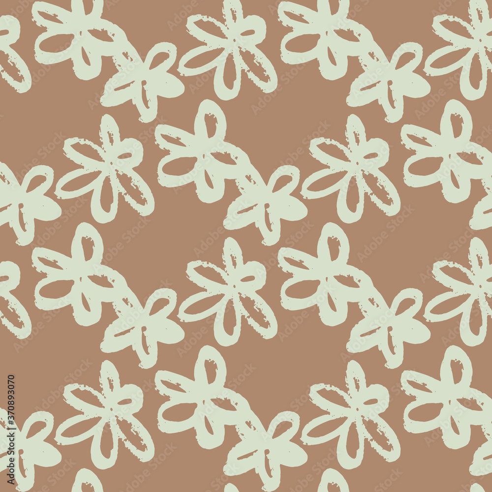 Pale seamless pattern with grunge daisy flowers on brown background. Light blue botanic ornament. Simple design. Pale seamless pattern with grunge daisy flowers on brown background. Light blue botanic ornament. Simple design.