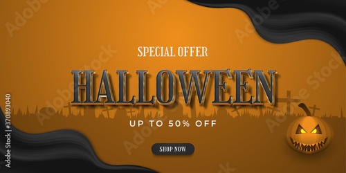 Halloween sale banner with for online shopping with grave background photo