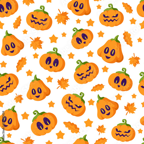 Halloween cartoon seamless pattern - creepy pumpkin lanterns with scary faces and autumn leaves, traditional holiday halloween symbols on white background, vector seamless texture