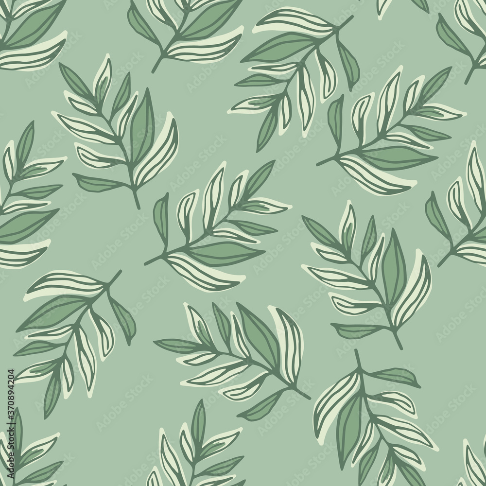 Botanic seamless pattern with outline contoured leaves elements. Artwork in pastel green tones.