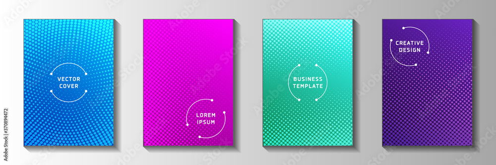 Futuristic dot faded screen tone front page templates vector batch. Geometric journal perforated 