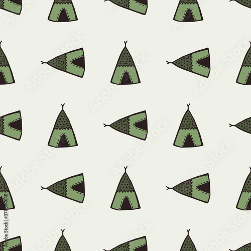 Green wigwam elements seamless pattern. Stylized traditional print with light background. Simple design.