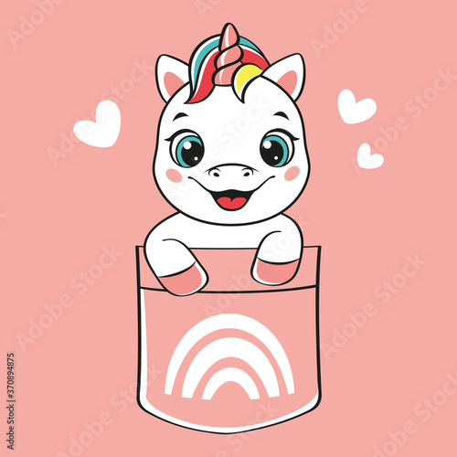 Happy unicorn in pocket on pink background. Cartoon vector illustration