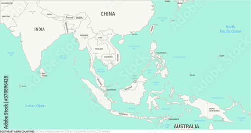 Southeast Asian Countries map. Detailed world Map Vector with Country,Capital,City Names.