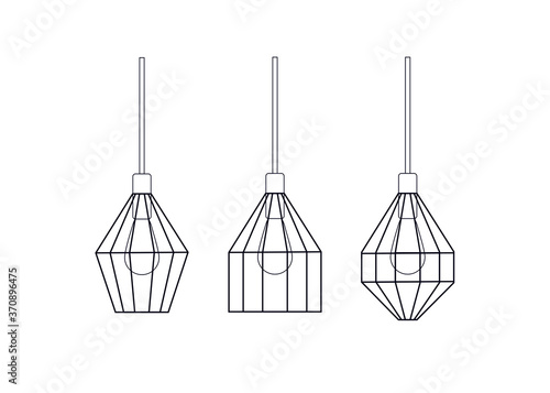Vector set of pendant lamps. Modern chandeliers with a wound in shape and style. The power of the lamps. Blanks for flat illustrations.
Wire and metal chandeliers. 