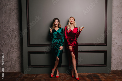 Full-length portrait of confident girls drinking wine. Pleasant ladies in velvet dresses holding wineglasses.