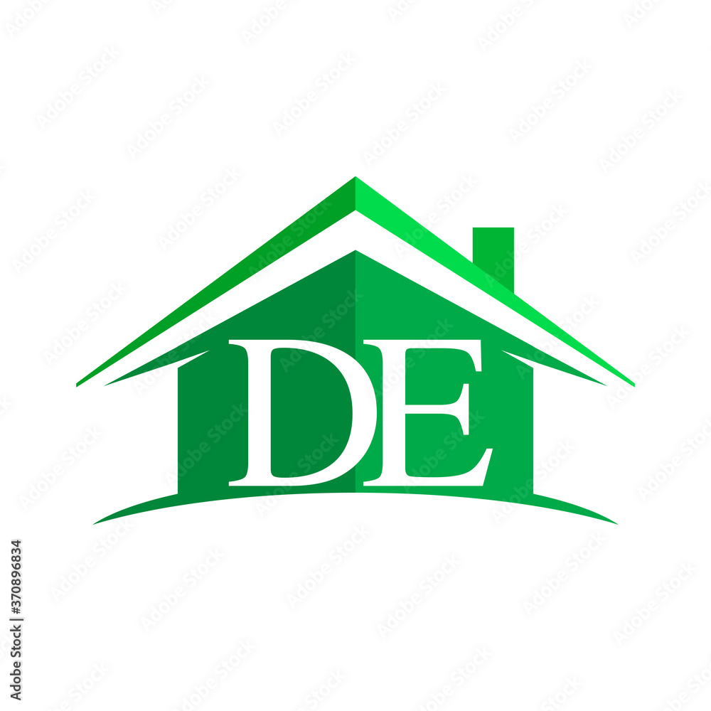 initial logo DE with house icon and green color, business logo and ...
