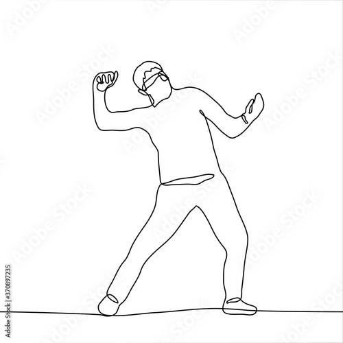 man in a homemade mask (made of a scarf / shawl) stands in full height and swings, in his right hand there is an object (a stone or an explosive device). One continuous line art protestant / vandal