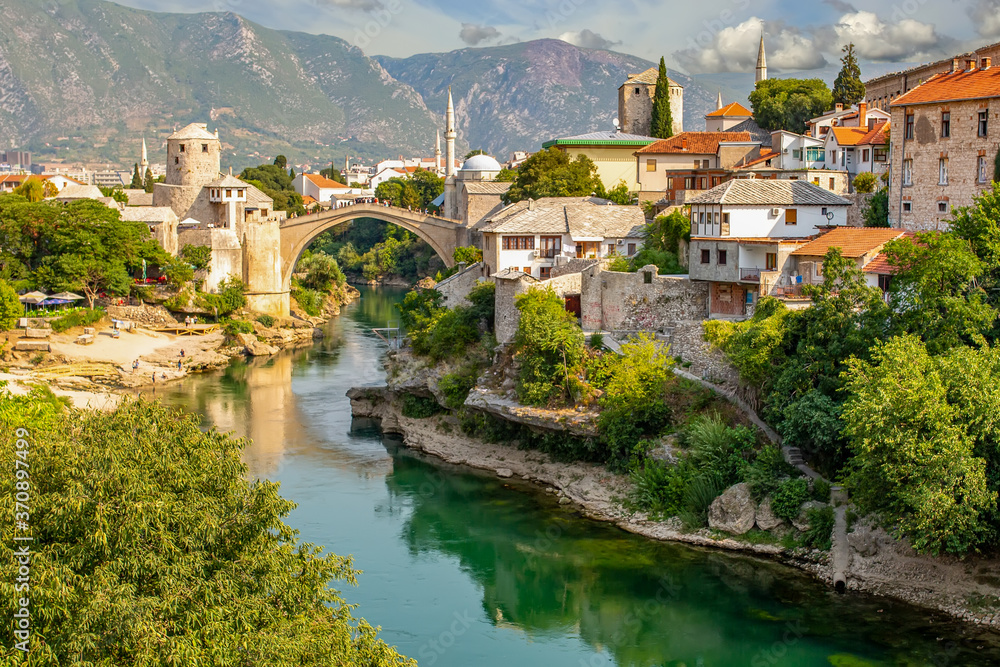 Mostar bridge in Bosnia and Herzegovina. Colorful landscape