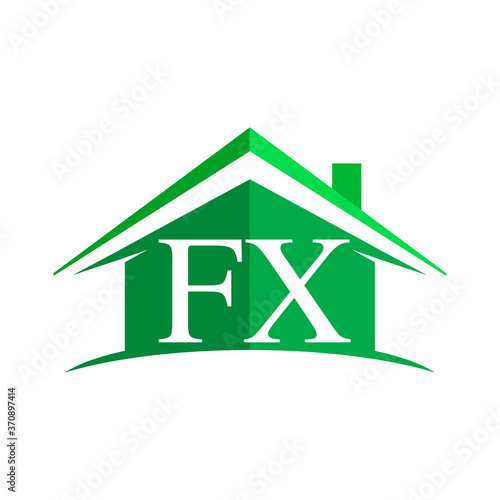 initial logo FX with house icon and green color, business logo and property developer photo