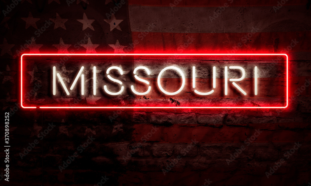Missouri State Graphic Neon Sign On Brick Wall With American Flag Missouri State Graphic Neon Sign On Brick Wall With American Flag