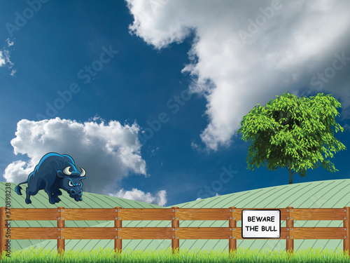 Beware the bull sign on wooden fence with angry looking bullock in field set against a blue cloudy sky