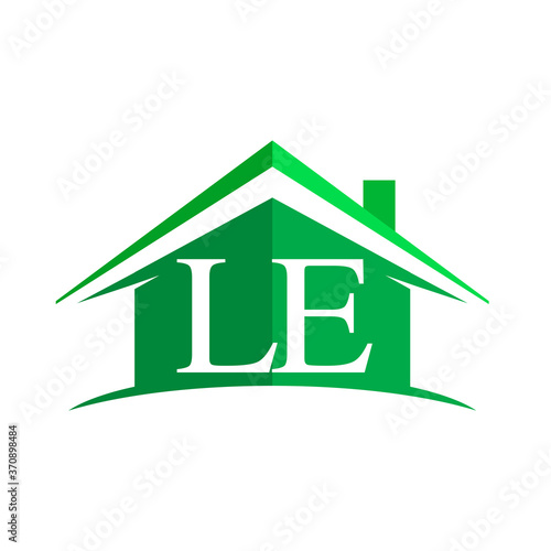 initial logo LE with house icon and green color, business logo and property developer