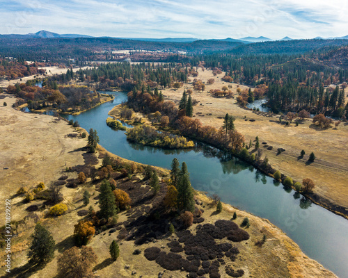 Autumn Rest - The Pit River flows serenely through Hat Creek Valley, with Bald Mountain and Lassen National Forest in the background. Cassel, CA, USA