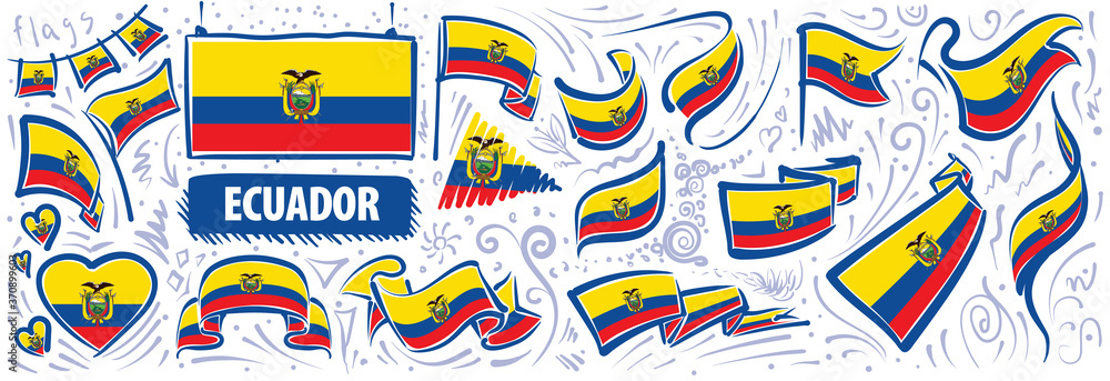 Vector set of the national flag of Ecuador in various creative designs Vector set of the national flag of Ecuador in various creative designs