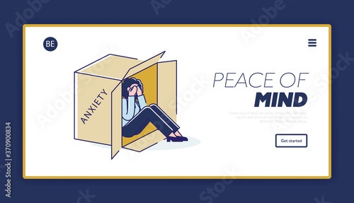 Anxiety and depression illness landing page with anxious woman hiding in cardboard box
