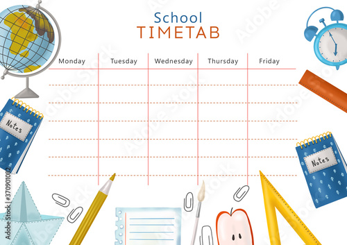 Back to school background with set of school supplies, illustration. School timetable template.