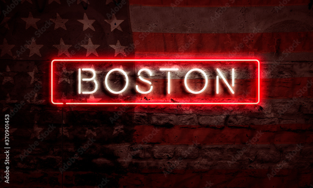 Obraz premium Boston Neon Sign On Brick American Flag