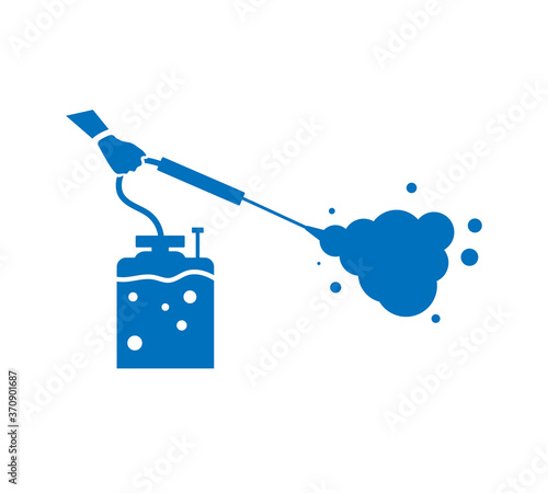 Prevention concept icon. Disinfection and cleaning icon. A man in chemical protection disinfects. Methods of controlling the epidemic of coronavirus Cleaner in the hand.