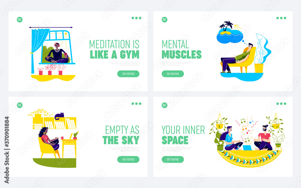 Set of landing pages with people meditating. Template background for home yoga and meditation