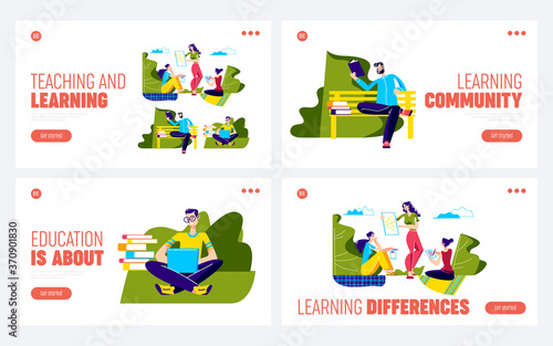 Landing pages for learning outdoors concept with students read, have classes or train online in park