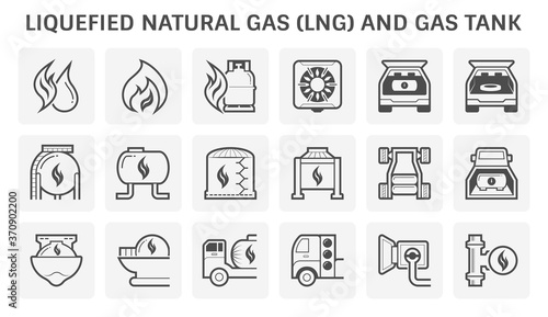 liquefied natural gas or LNG gas and gas tank vector icon set design.