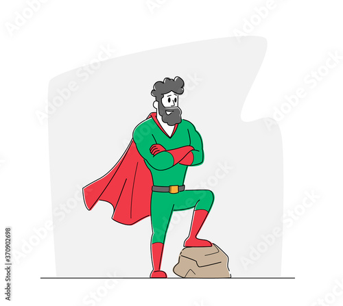 Male Character in Super Hero Costume and Red Cape Posing with Crossed Arms. Father Superhero, Successful Businessman