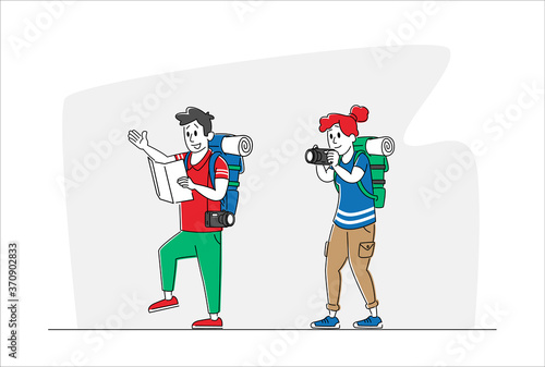 Tourists Hiking Adventure, Summer Vacation Concept. Man and Woman Backpackers Character Learning Map and Making Photo