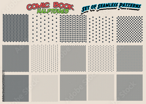 Comic Book Illustrations Halftone Set, Seamless Patterns Vintage Polka Dots