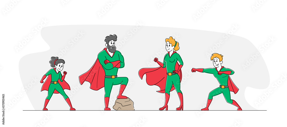Super Family, Parents and Children Relations. Happy Family Dad, Mom and Kids Characters in Superhero Costume Posing