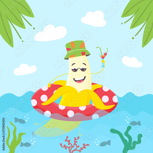 Summer banana character swims in an inflatable circle. Summer character in panama and cocktail. Yellow smiling fruit with peel. Vector illustration