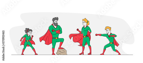 Super Family, Parents and Children Relations. Happy Family Dad, Mom and Kids Characters in Superhero Costume Posing