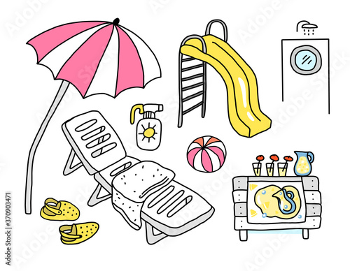 Swimming pool, water attractions. Aquapark. Deck chair under an umbrella. Sunscreen. Slippers and an inflatable ball. Vector cartoon illustration. Hand drawn sketch.