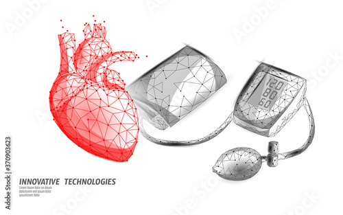 3D low poly electronic medical tonometer for measuring blood pressure. Medical healthcare check up analysis. Control test medicine vector illustration